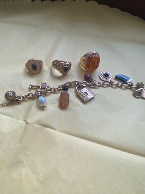 Gold-Tone Charm Bracelet and Ring Set with Amber and Black Accents